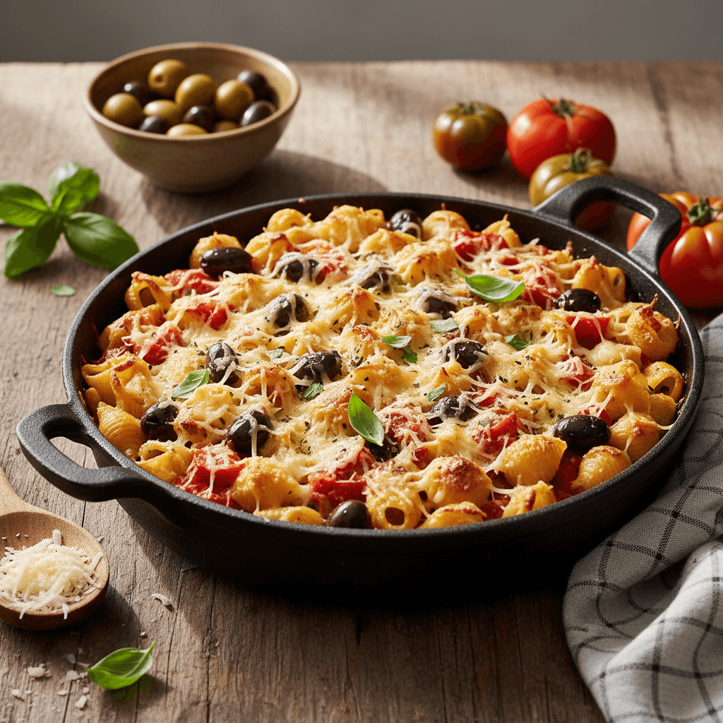 Coquillettes Gratinées aux Olives et Tomates