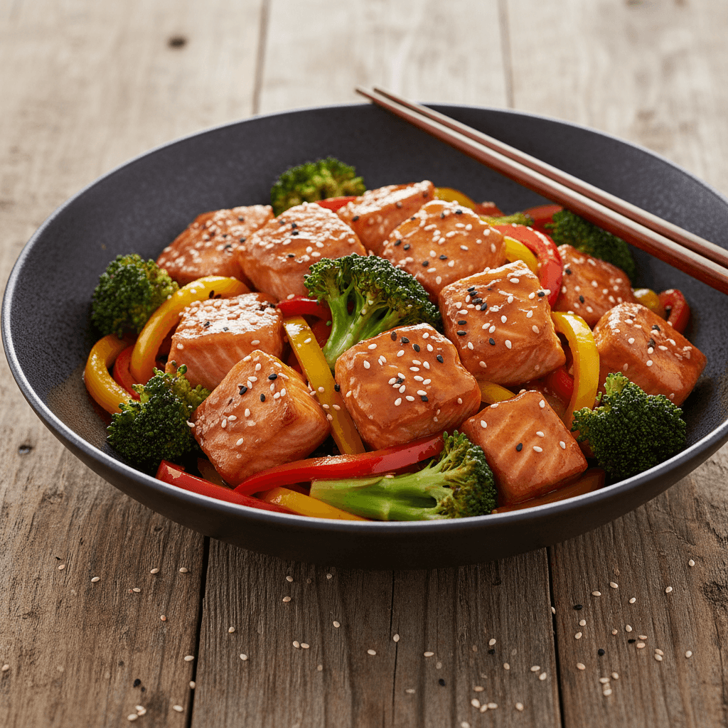 Wok de saumon teriyaki aux brocolis et poivrons
