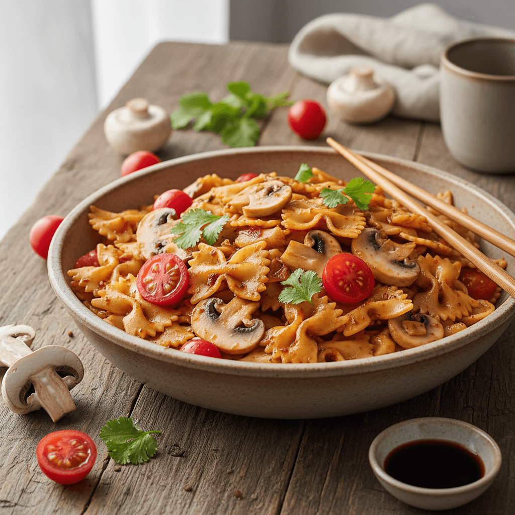 Wok de Pâtes Asiatiques à la Tomate et Champignons