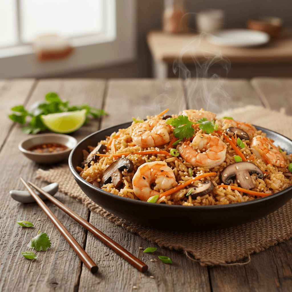 Riz sauté aux crevettes et champignons