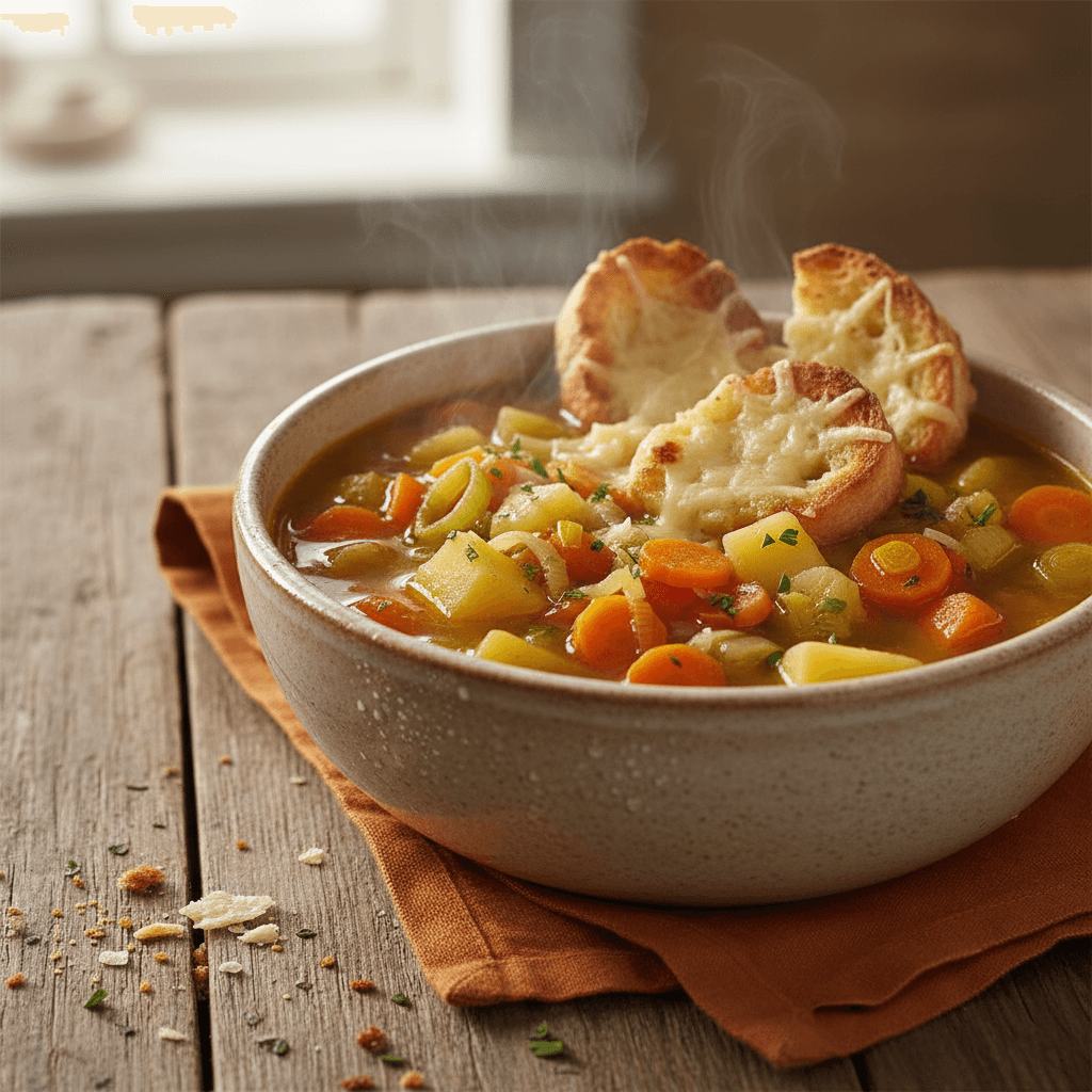 Soupe Réconfortante aux Légumes et Pain Grillé