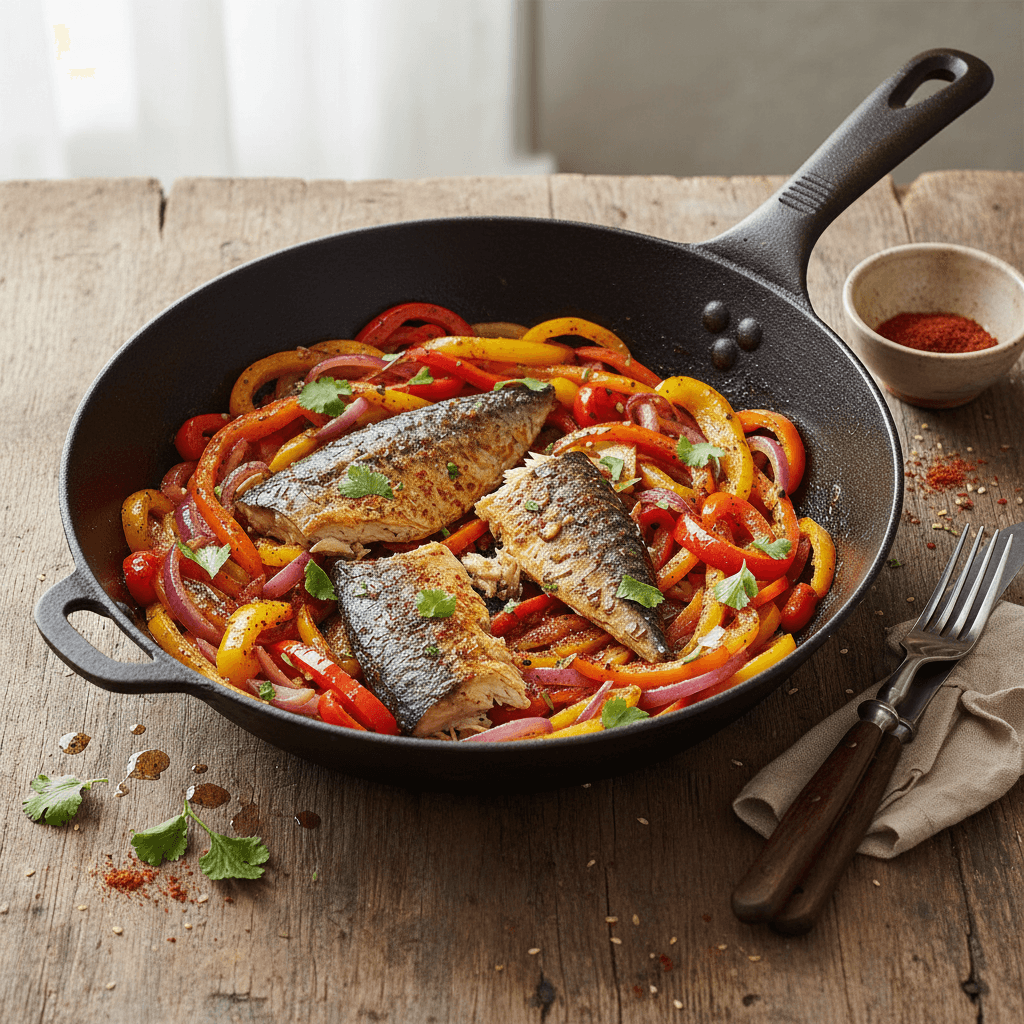 Sauté de maquereau au cumin, poivrons et oignons