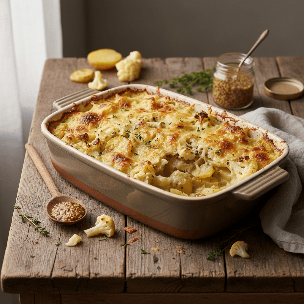 Gratin de Pommes de Terre, Chou-fleur et Moutarde