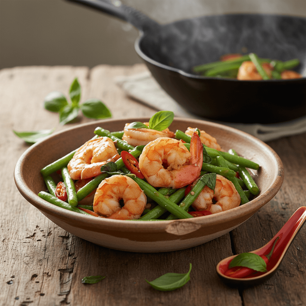 Sauté thaï de crevettes au basilic et haricots verts