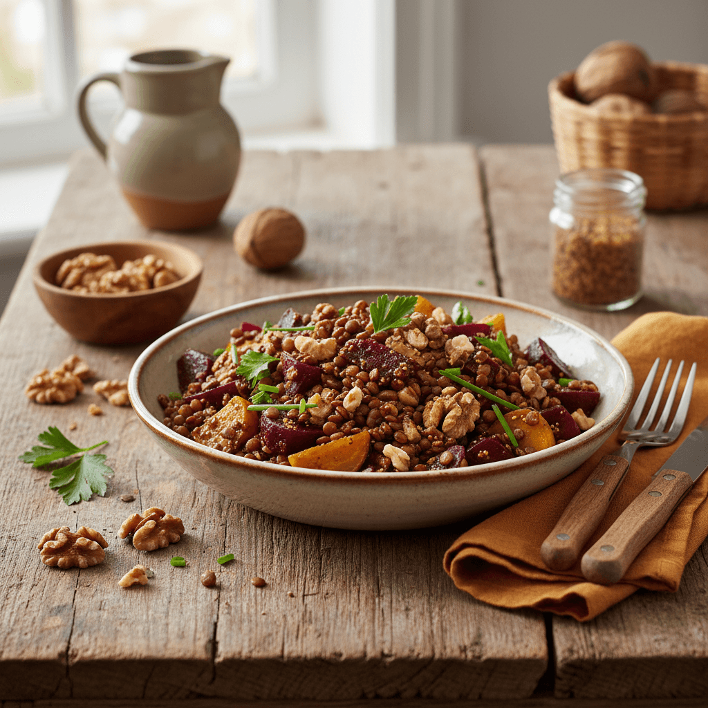 Salade Tiède de Lentilles et Betteraves aux Noix