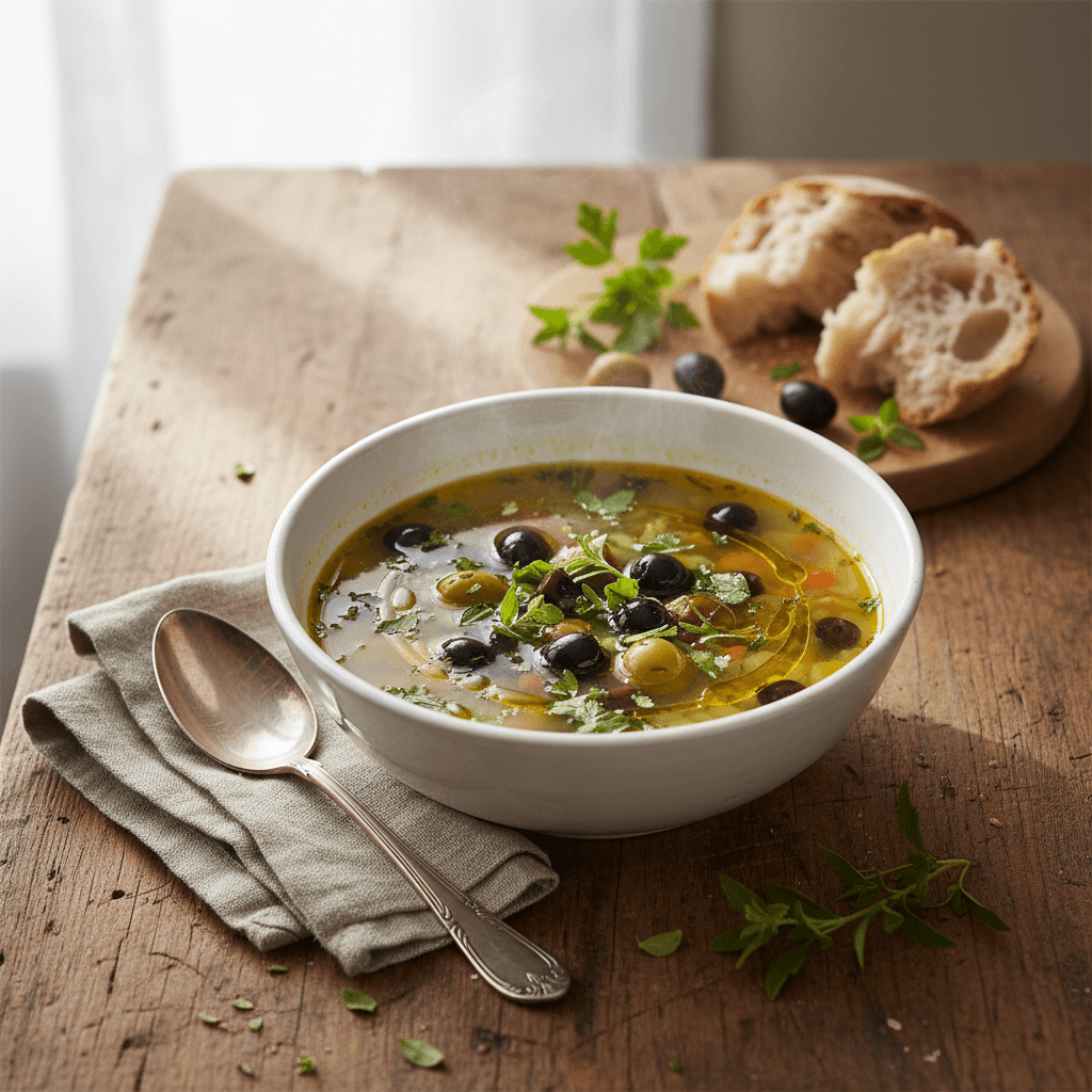 Soupe Simple aux Olives et Herbes