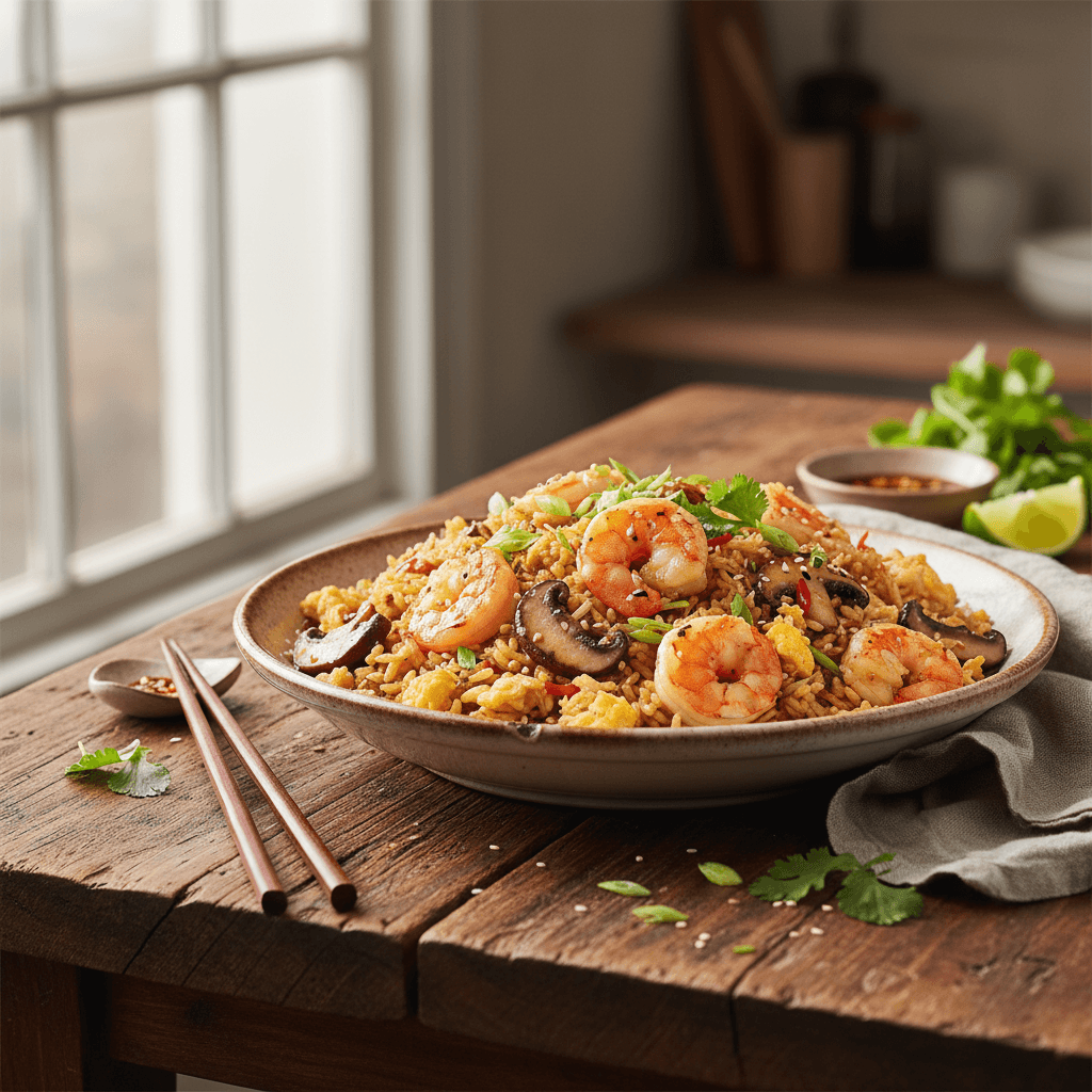 Sauté de Riz aux Crevettes et Champignons