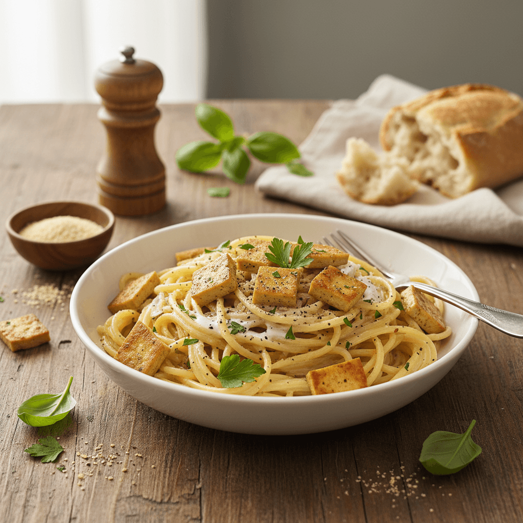 Pâtes à la Carbonara Végétarienne avec Lardons de Tofu
