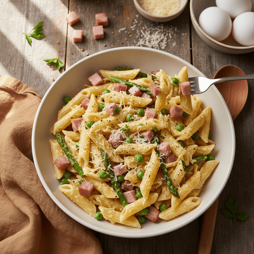 Pâtes à la carbonara simplifié avec jambon et légumes