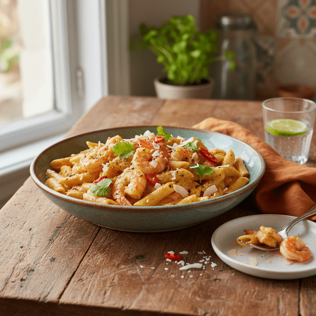 Curry de Pâtes Crevettes et Lait de Coco