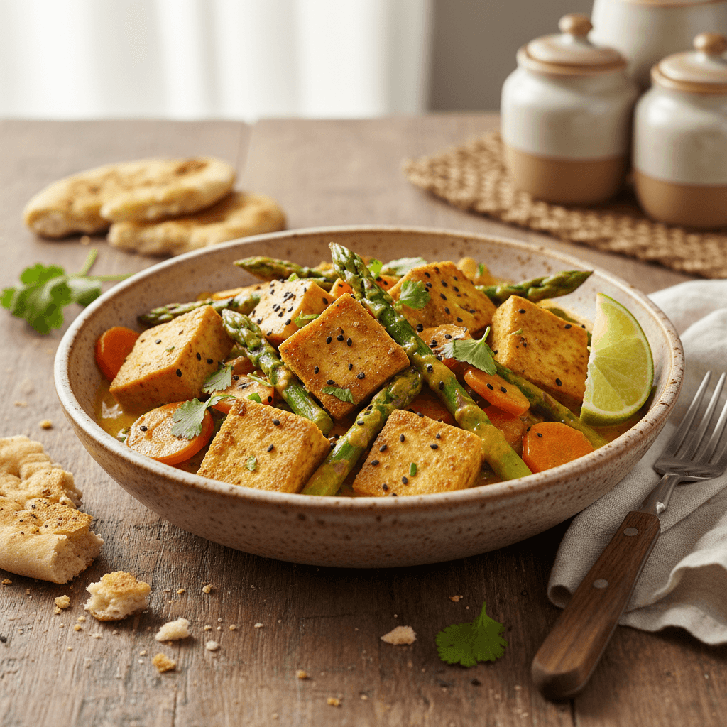 Bowl de tofu rôti aux asperges et curry doré