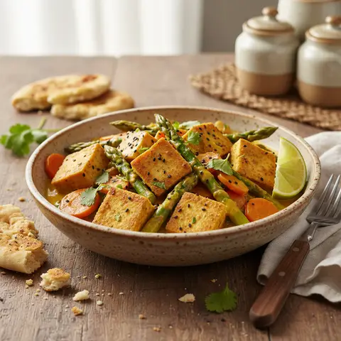 Bowl de tofu rôti aux asperges et curry doré