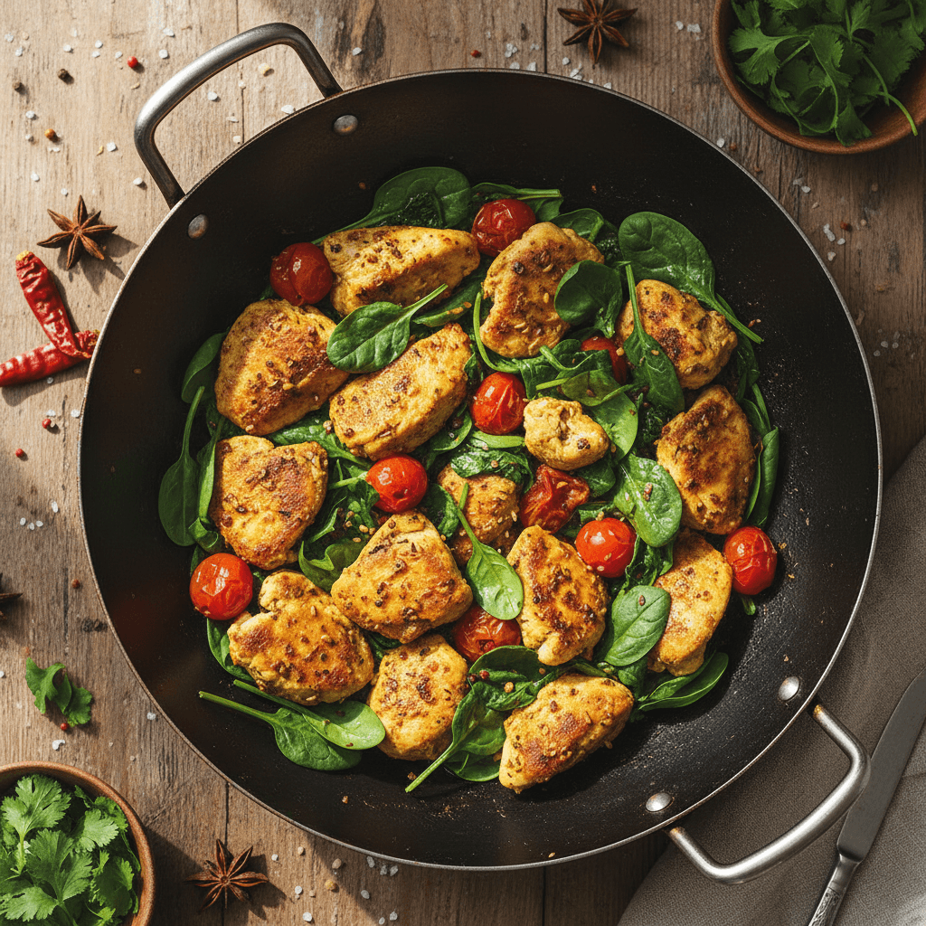 Wok de poulet tikka aux épinards