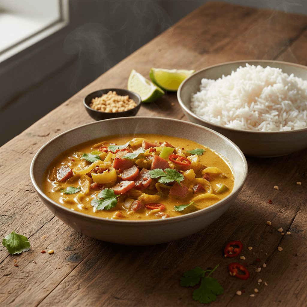 Curry thaï poireaux-jambon avec riz