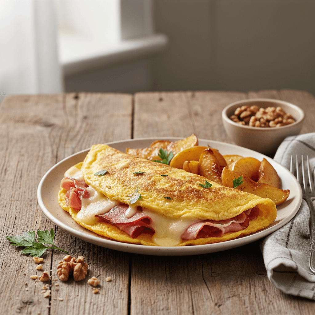 Omelette jambon-fromage aux pommes