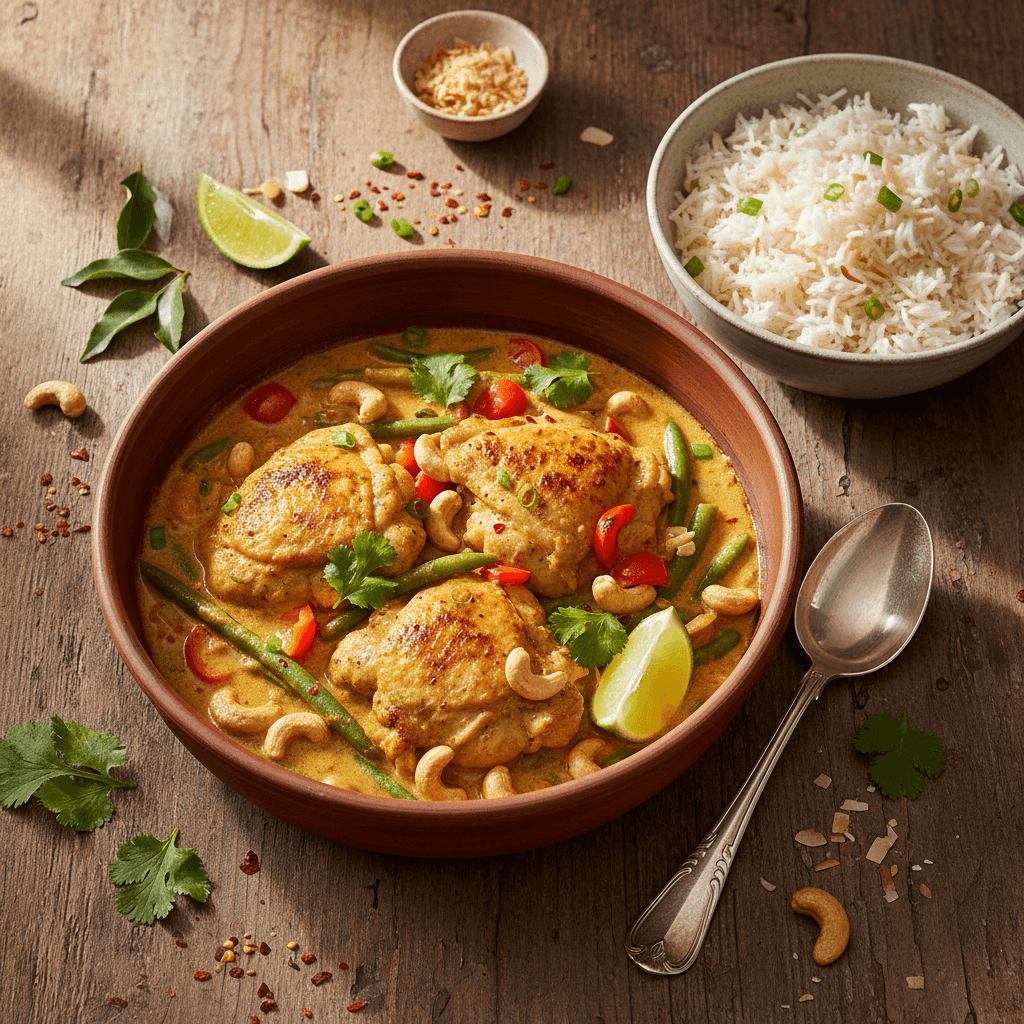 Curry de poulet aux noix de cajou et riz
