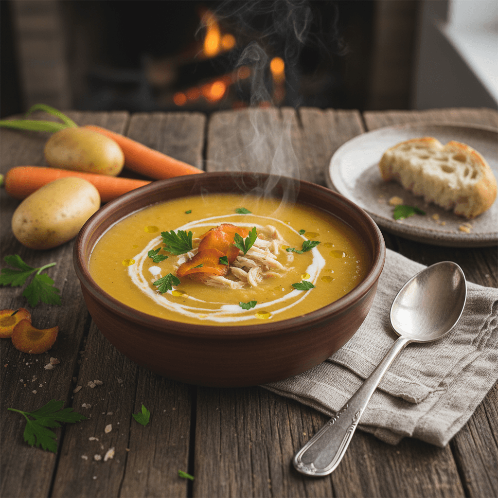 Soupe Veloutée Pomme de Terre, Carotte et Poulet