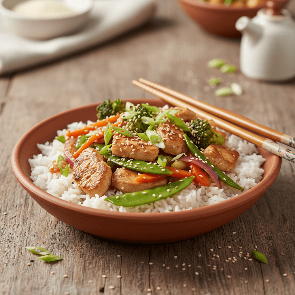 Riz sauté au poulet et légumes