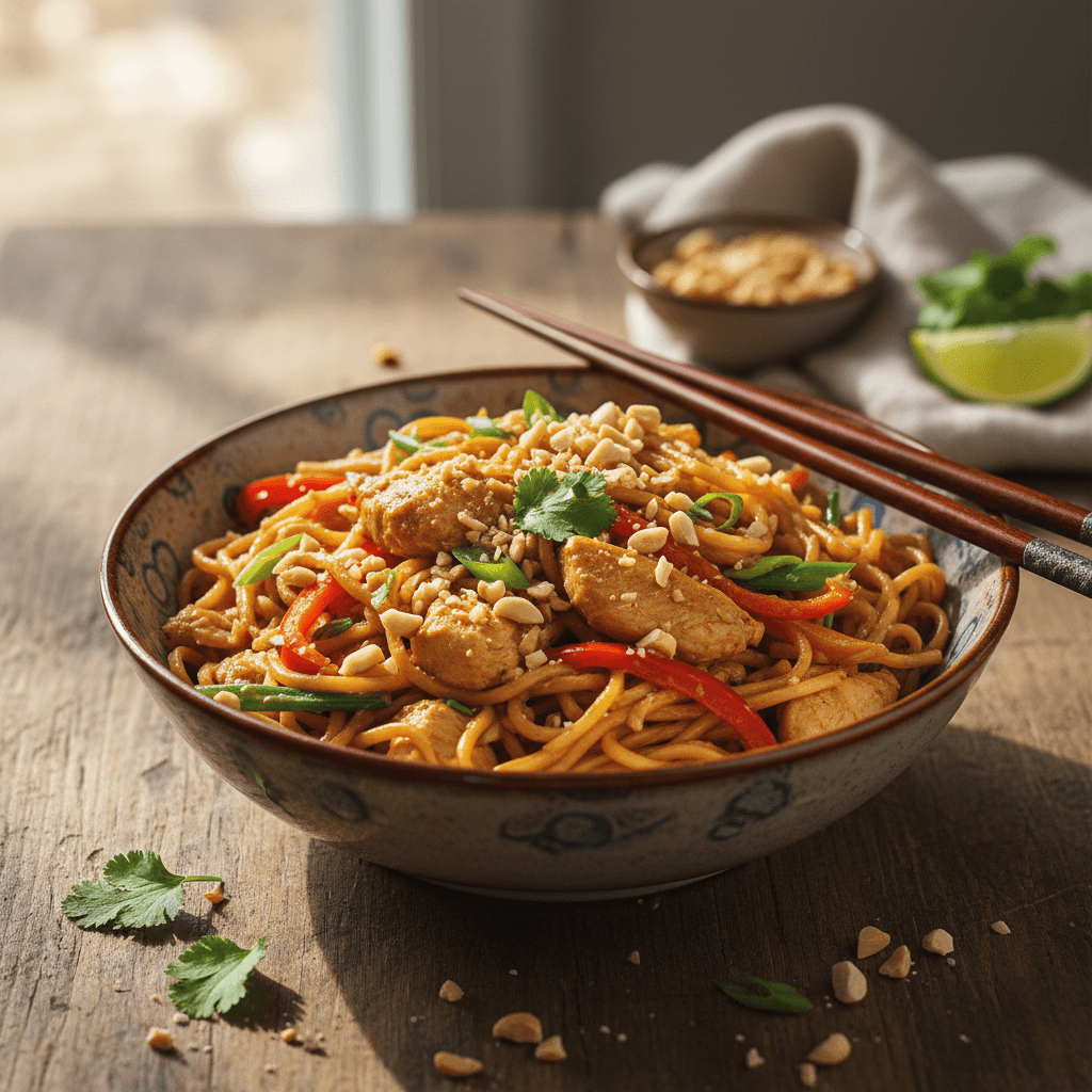 Nouilles asiatiques au poulet et arachides