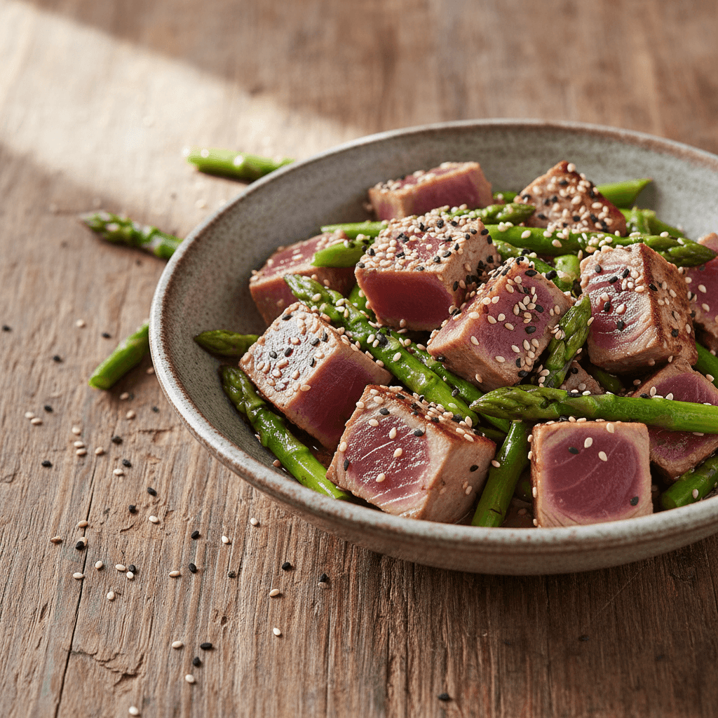 Wok de thon mi-cuit aux asperges et sésame