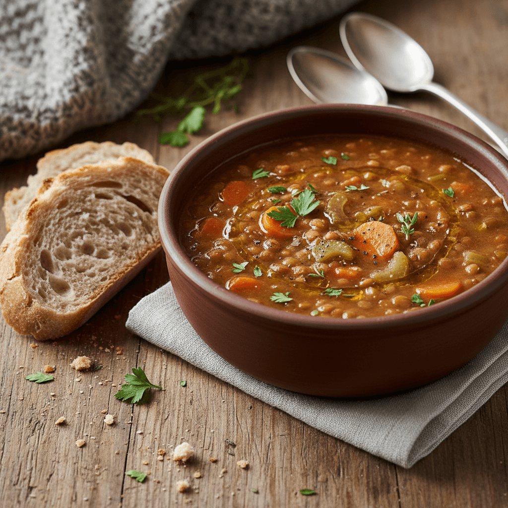 Soupe aux lentilles et légumes de saison