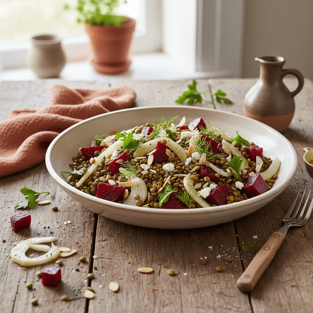 Salade Tiède de Lentilles, Betterave et Fenouil