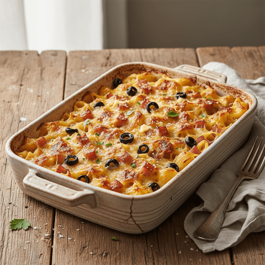 Coquillettes Gratinées au Jambon et Olives