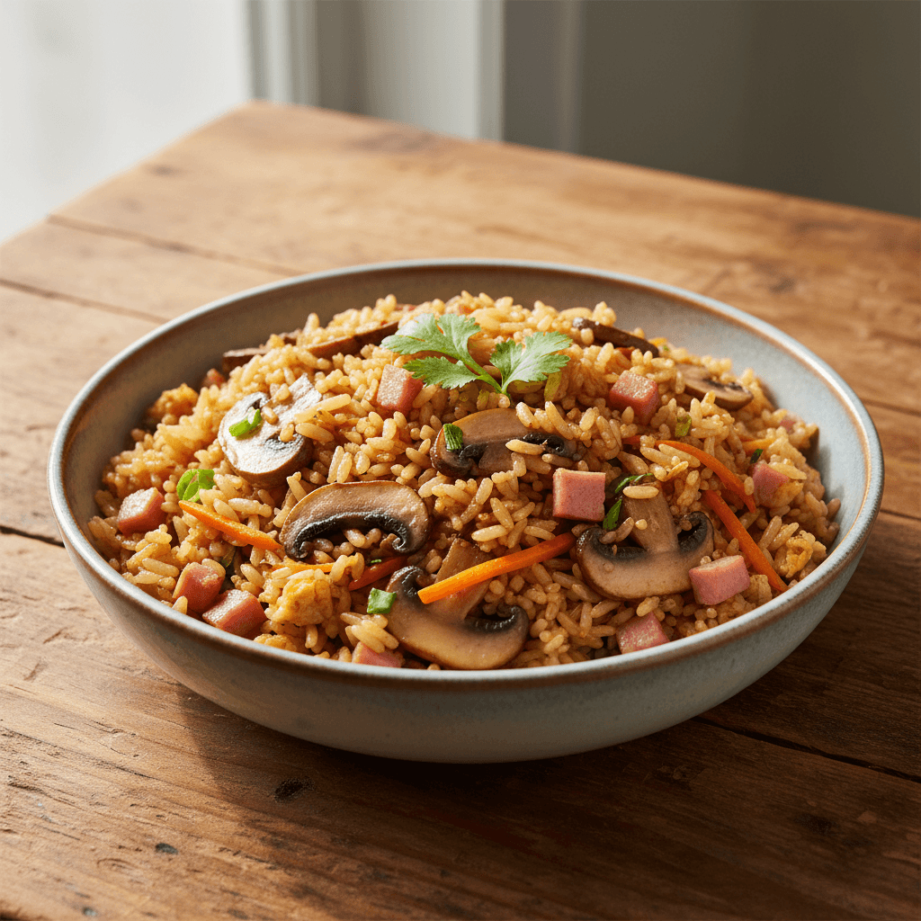 Riz sauté aux champignons et jambon