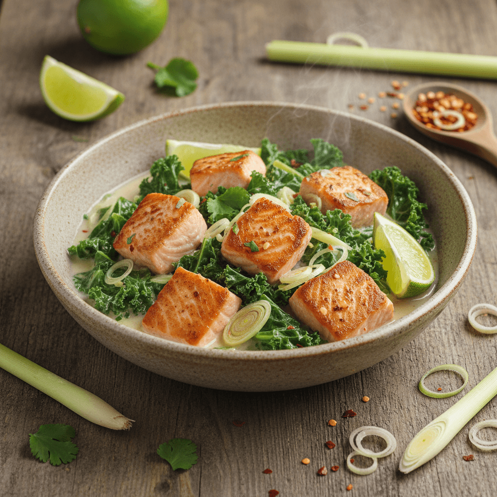 Sauté de saumon au lait de coco, chou kale et citronnelle