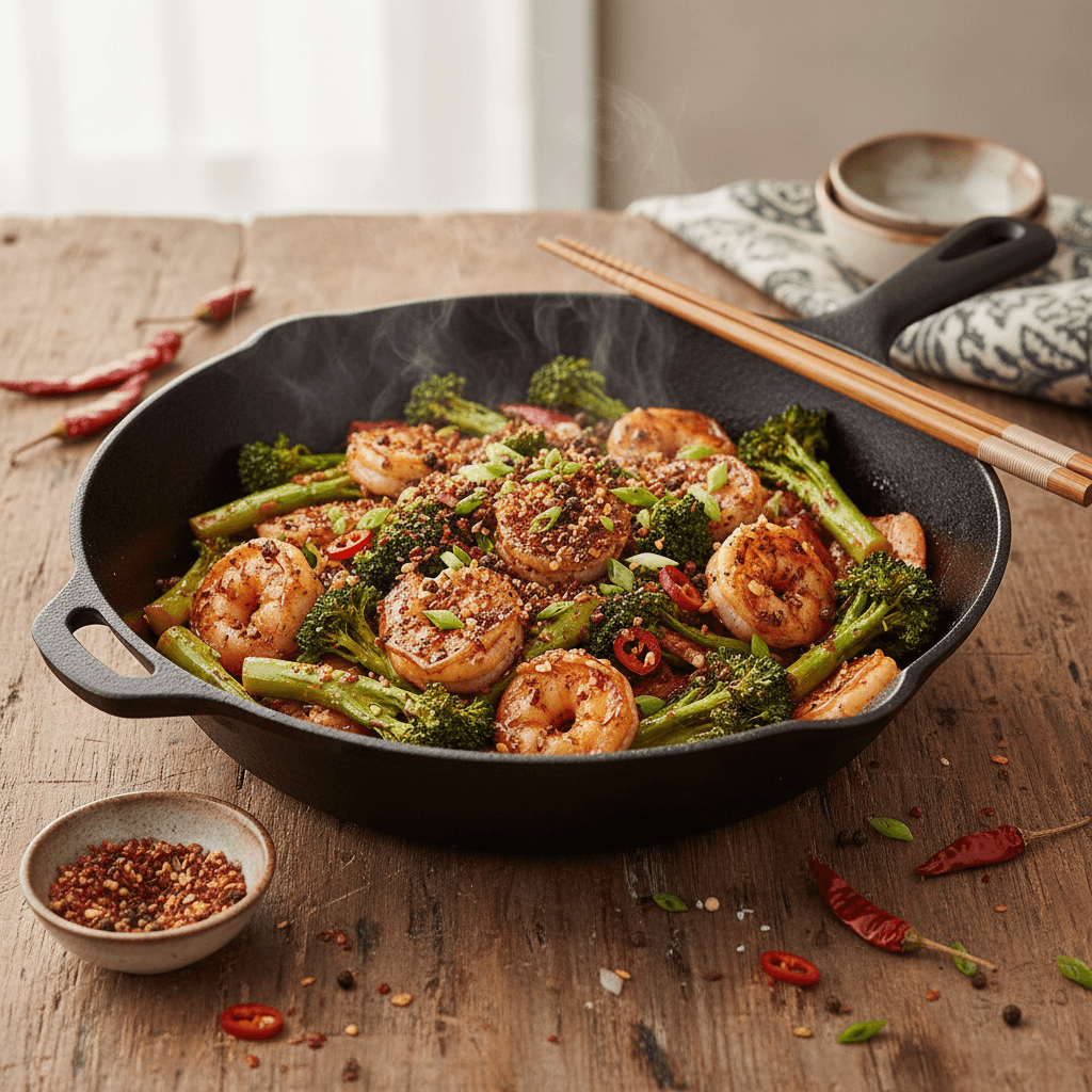 Wok of Shrimp with Garlic and Broccolini Sichuan Style