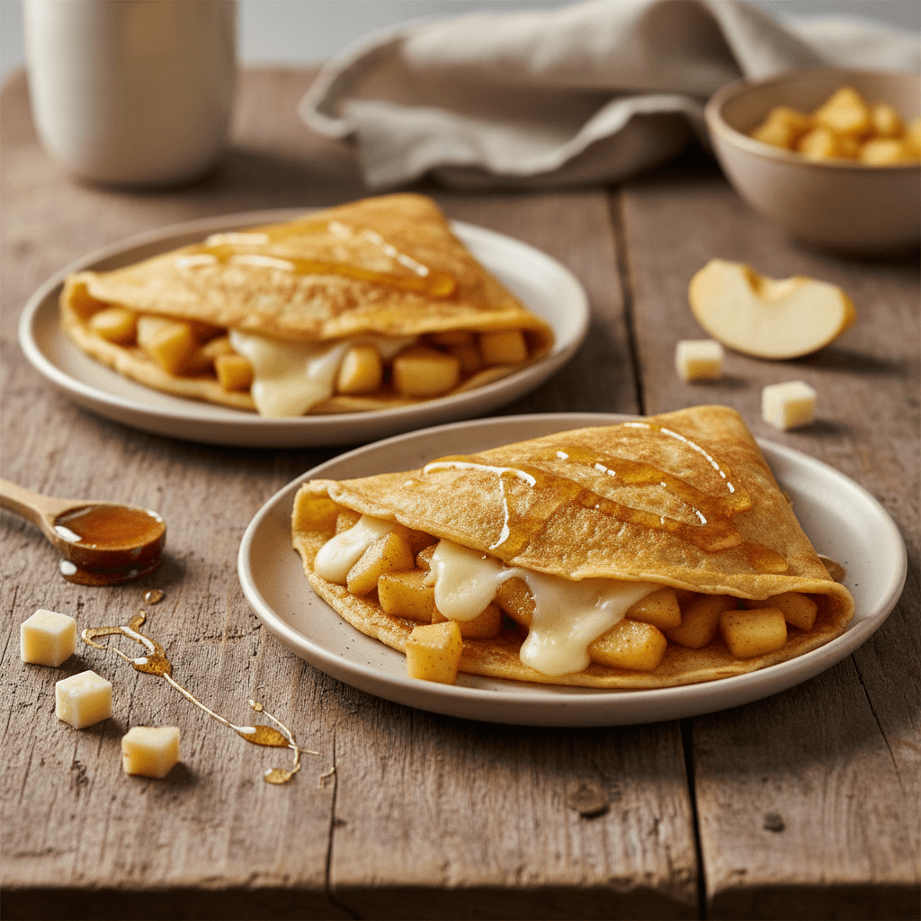 Bretonische süße Crêpes mit Äpfeln und geschmolzenem Comté