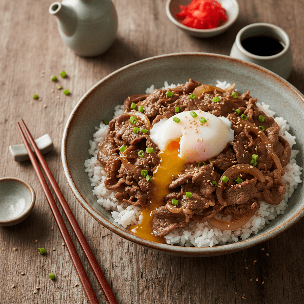 Rindfleisch-Donburi mit Ei