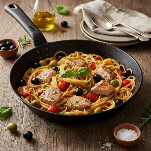 Wok de Spaghettis au Thon et Olives