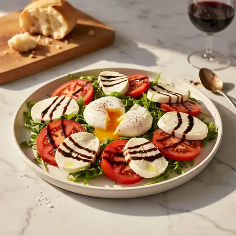 Salade caprese aux œufs pochés et roquette