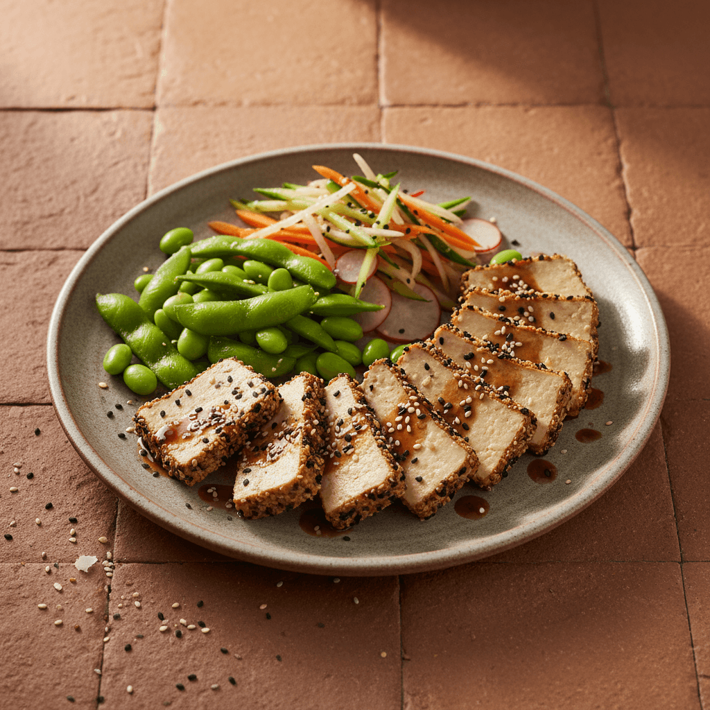 Tataki de tofu mariné au sésame et edamame