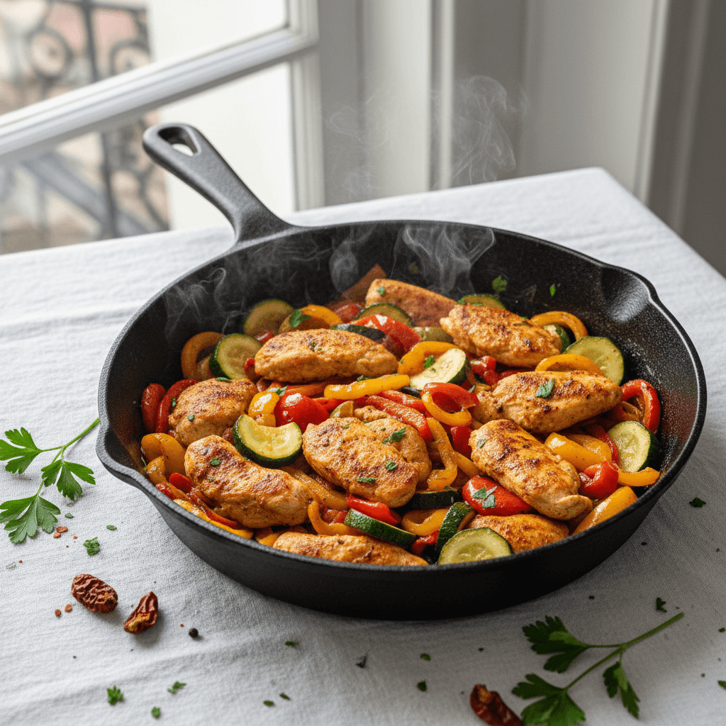 Poêlée de poulet au paprika, poivrons et courgettes