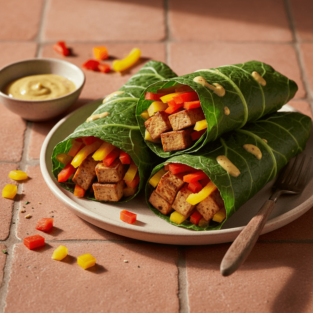 Wrap de collard greens au tofu fumé et poivrons
