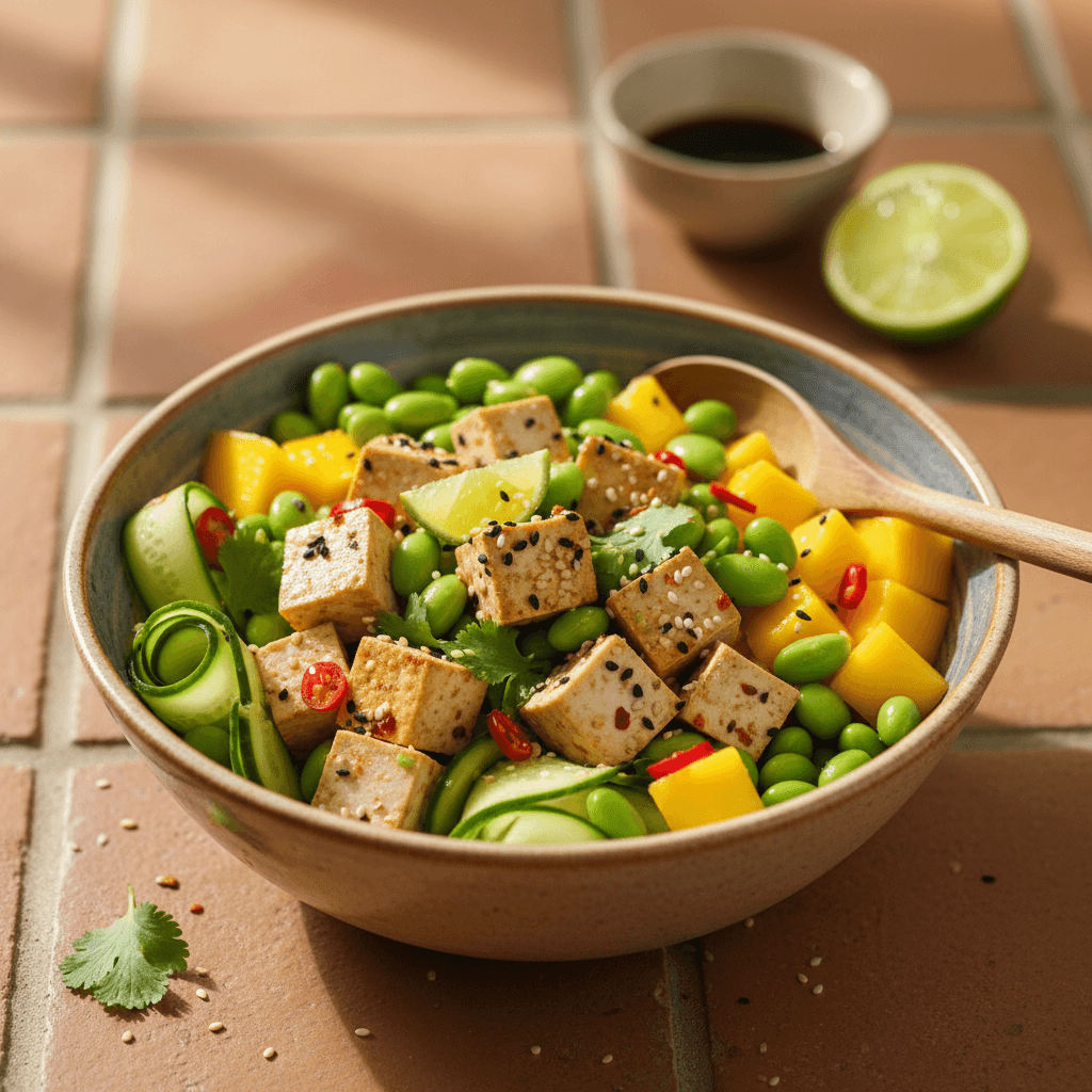 Poke bowl de tofu mariné à la mangue et edamame