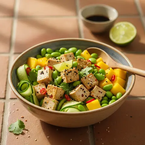 Poke bowl de tofu mariné à la mangue et edamame
