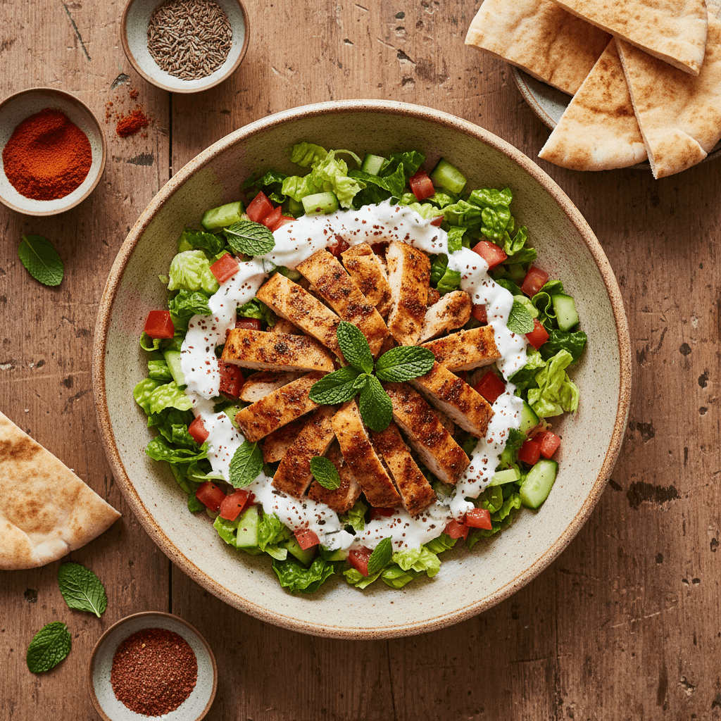 Bowl shawarma de poulet sur salade croquante