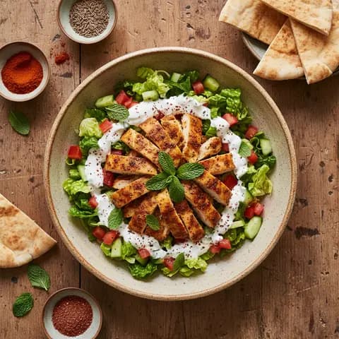 Bowl shawarma de poulet sur salade croquante