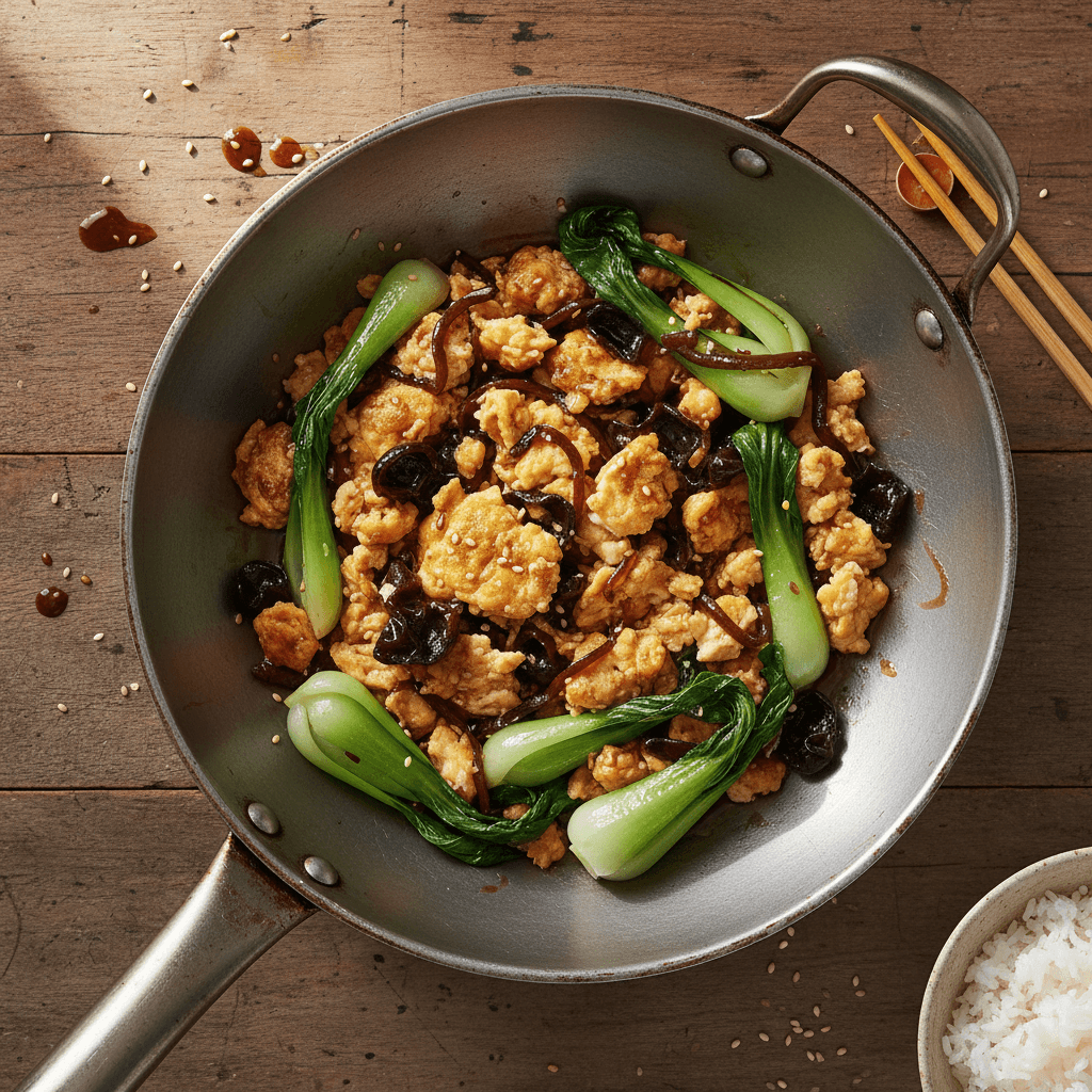 Wok chinois aux œufs et champignons noirs