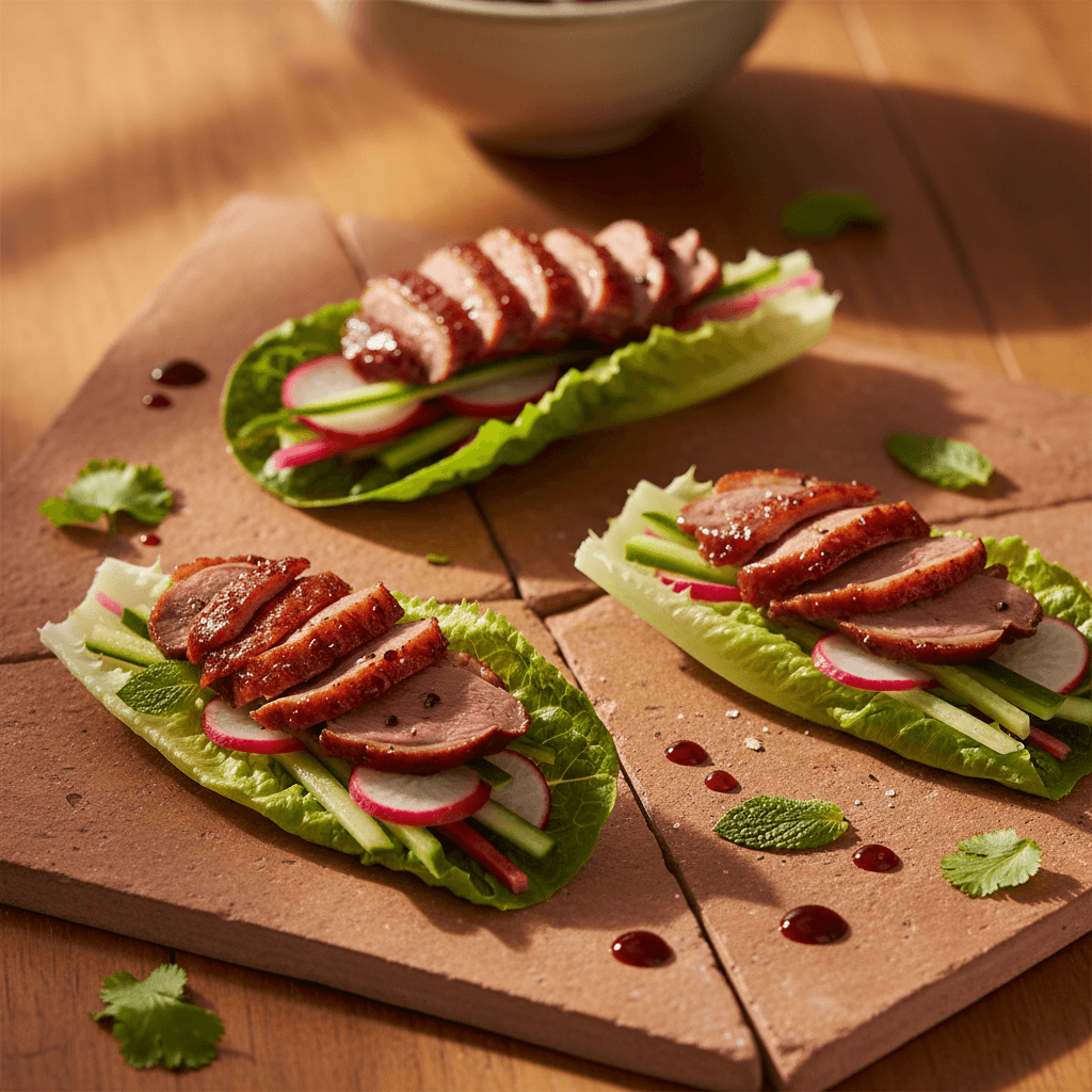 Wrap de laitue au canard laqué et légumes croquants