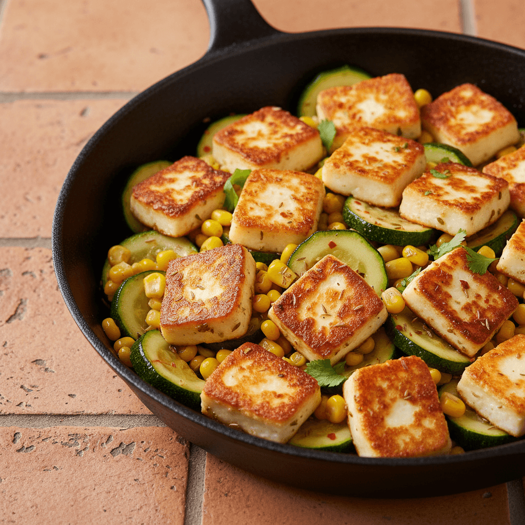 Poêlée de halloumi à la mexicaine aux courgettes et maïs