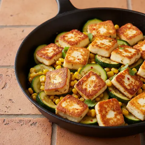 Poêlée de halloumi à la mexicaine aux courgettes et maïs