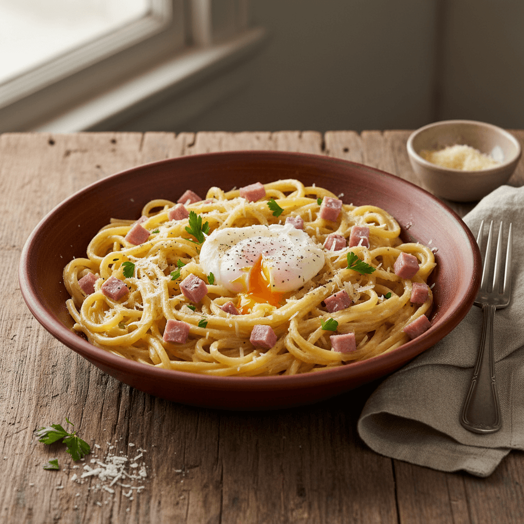 Vereinfachte Carbonara-Nudeln mit Ei und Speck
