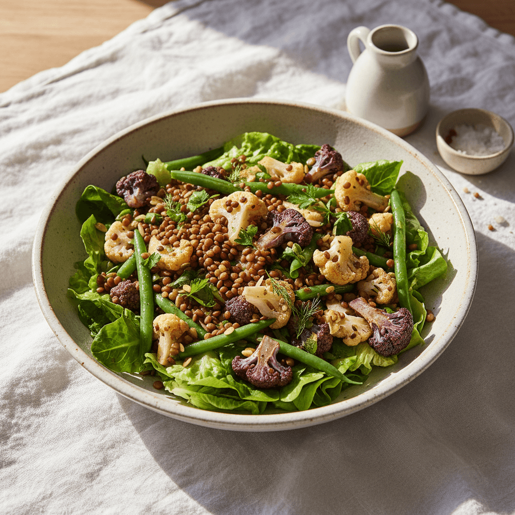 Salade composée : Lentilles, chou-fleur et salade verte