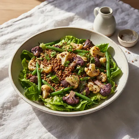 Salade composée : Lentilles, chou-fleur et salade verte