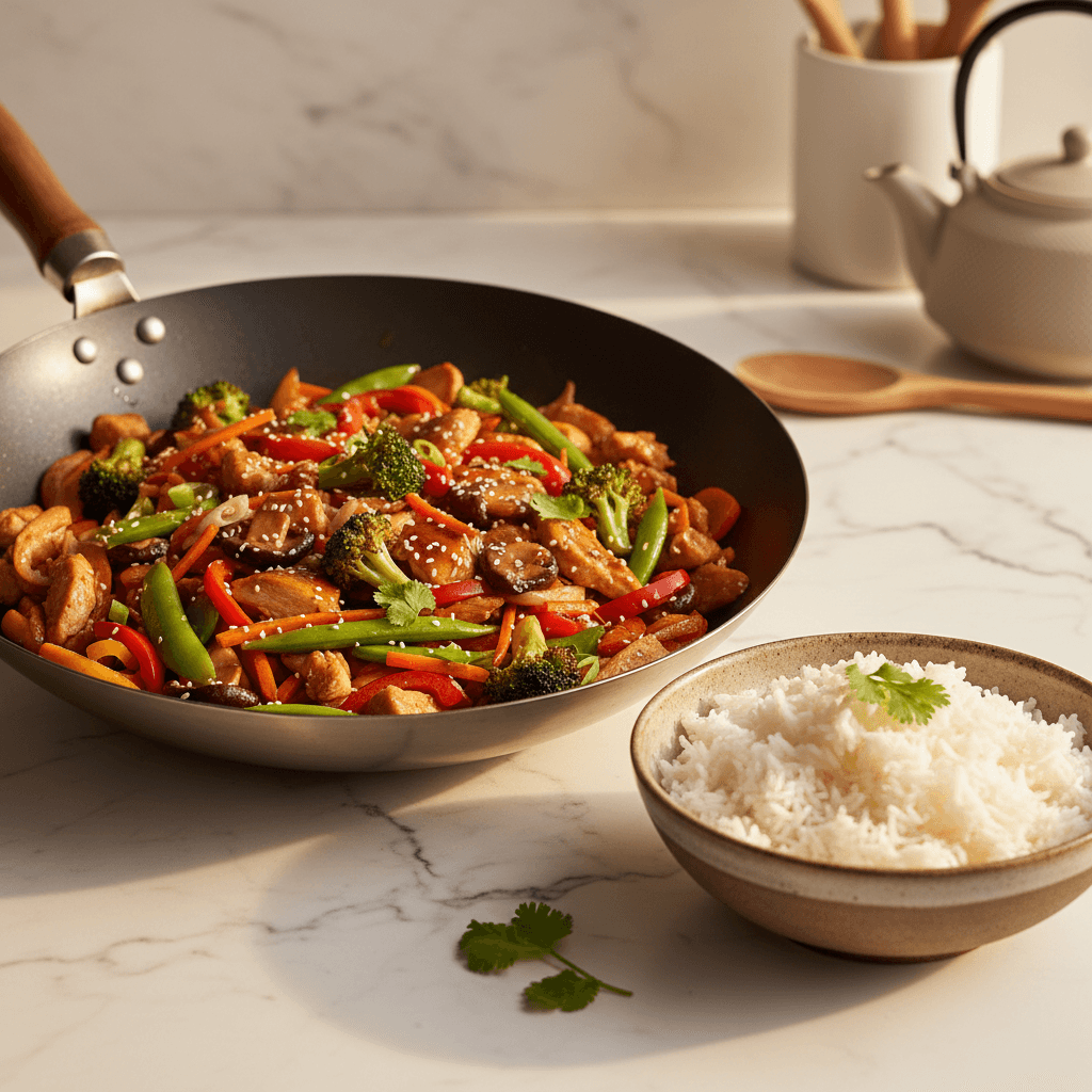 Poulet sauté asiatique aux légumes et riz