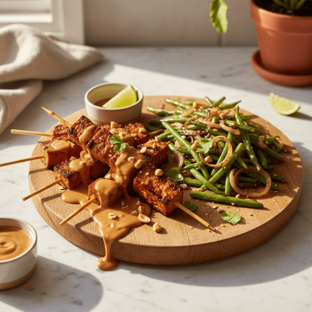 Tempeh satay au four et haricots verts